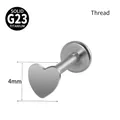 G23 titanium heart-shaped labret stud with internal thread and silver finish, 4mm - Heart