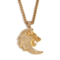 Hip hop lion head pendant necklace in 18K gold finish with pave rhinestones and wheat chain - Iced Out Side Lion Pendant (Gold) / Gold