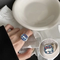 Retro silver ring with wide band and blue enamel airplane and heart design - Airplane Heart Blue Drip Oil