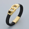 Bracelet en cuir tressé noir avec fermoir menottes doré en acier inoxydable 316L - Style de Design Menottes Doré (KB68863-BD)