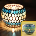 Blue and yellow mosaic glass candle holder with warm colorful light for wedding decor - Blue Green Willow
