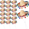 Detalle de 20 mini sombreros mexicanos de paja con pompones de colores y bordes a rayas - Tipo de Cuerda de Barbilla / Estilo de Pompones Coloridos