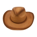 Close-up of the woven texture and breathable hollow mesh on the tan cowboy straw hat - One Size / Khaki (2)