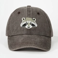 Vintage dark gray washed cotton baseball cap with detailed raccoon embroidery - One Size / Coffee