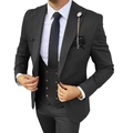 Three-piece black business suit for men featuring a slim fit blazer, vest, and formal trousers - XXS / Black
