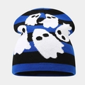 Detail of blue and black striped Halloween beanie with knitted white ghost patterns - Style F Blue+Black (Ghost Stripes)