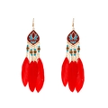 Bohemian long red feather drop earrings with vintage beads and ethnic enamel charms - KC Gold/Red Long Feather (3329)