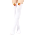 White over-knee socks featuring 3D orange pumpkin face decorations for Halloween - White (Pumpkin Decor)