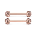 Rose gold stainless steel nipple rings with full zircon stones on both ball ends - Rose Gold Champagne Rhinestone