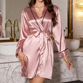 Elegant dusty pink satin bathrobe with black contrast trim and tie-waist closure - S / Pink