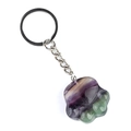 Cat paw fluorite crystal keychain in purple and green hues with a silver metal ring - Fluorite