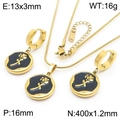 Parure bijoux en acier doré avec pendentif rose en émail noir et boucles d'oreilles - Style Rose en Émail Noir (KS220225-HM)