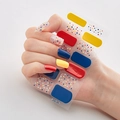 Detail of 3D laser nail art stickers featuring red, yellow, and blue dots on model hands - DQ-34 Colored Polka Dot