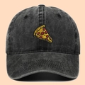Gorra de béisbol de algodón lavado negro con bordado de pizza y visera curva - Talla Única(Ajustable) / Negro