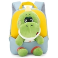 Kids backpack in yellow and light blue with a removable green plush dinosaur toy - Blue