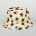White bucket hat with yellow sunflower print featuring a flat top and sun protection - M (56-58cm) / White