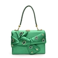 Elegant emerald green satin evening clutch bag with crystal bow and beaded handle - Green