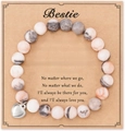 Natural stone beaded friendship bracelet with silver heart charm on bestie gift card - Pink Zebra + Bestie Card