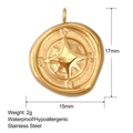 Detailed specs of golden compass pendant in stainless steel with size and weight info - SS0030 Gold Compass