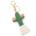 Portachiavi a cactus intrecciato a mano con pompon arancioni e frange beige - Verde