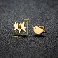 Gold stainless steel asymmetrical earrings with bird and branch design 10x9mm - Bird & Leaf / Gold
