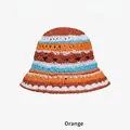 Handcrafted crochet bucket hat with hollow-out design in orange and blue stripes - One Size (54-58cm) / Orange