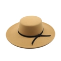 Classic camel flat top wool felt hat with black decorative ribbon for autumn and winter - M (56-58cm) / Camel