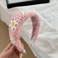 Pink crocheted headband with white daisy floral embroidery and a wide woven texture - Pink Colorful Crochet Embroidered Headband