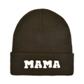 Close-up of MAMA towel embroidery on dark olive green knit beanie hat for winter - Adult Style(MAMA) / Dark Army Green