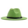 Detail of green wool fedora hat with black faux leather belt and silver metal buckle - M / Grass Green