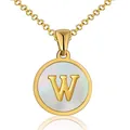 Detail of golden initial W pendant with mother of pearl inlay and polished finish - Letter W / Gold