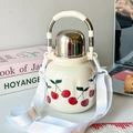316 stainless steel cream water bottle with cherry print and nylon shoulder strap - 800ML Cream White Cherry Print
