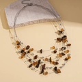 Bohemian multi-layer necklace with tiger eye beads and amber faceted glass charms - Necklace-Coffee