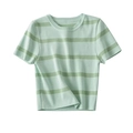 Close-up of the ribbed crew neck and mint green striped texture of this knit T-shirt - Sea Green