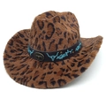 Détail d'un chapeau de cowboy léopard avec broderie tête de taureau et badge métal - M(56-58cm) / Couronne Droite Marron Foncé