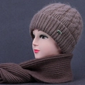 Thick brown winter knit hat and scarf set for elderly women with warm plush texture - Beanie Hat and Scarf Set / Khaki