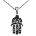Silver Hamsa Hand pendant necklace in stainless steel with intricate black details - Hamsa Hand Evil Eye Pendant (KP52755-BD) / Silver