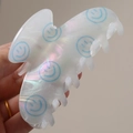 Acetate hair claw clip with blue smiley patterns and a pearlescent white finish - Blue Smiley (H597)