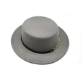 Detail of grey wool felt flat top hat featuring black leather band and gold chain link - M (56-58cm) / Gray