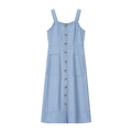 Nauwsluitende lichtblauwe denim maxi-jurk met knoopsluiting, vierkante hals en zakken - XS / Lichtblauw