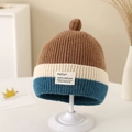 Detail of three-color striped knit hat with woven 'Hello' label for toddlers and kids - 1-3 Years / Brown