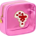 Pink chenille embroidery makeup bag with gold zipper and Africa map patch design - Pink 1 (Map Embroidery)