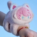 Pink plush raccoon slap bracelet with cute cartoon cat ears and embroidered face details - Pink Fox Chibi