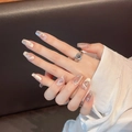 Pink cat-eye press-on nails with silver heart and star sequins in long square shape - Extra Small (XS) / 2262-Short Coffin