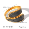Detailed view of irregular gold ring with gray enamel inlay and precise dimensions - Grey Marble Texture Streamlined Open Ring (HC-R30429-BK)