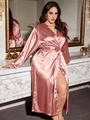 Pink satin silk sleepwear robe for women with V-neck long sleeves and high slit detail - 3XL / Pink