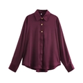 Elegante camicia bordeaux in raso a maniche lunghe con bottoni dorati e colletto a rever - XS / Borgogna