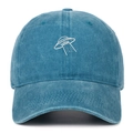 Macro detail of UFO embroidery on washed vintage cotton baseball cap with retro texture - Lake Blue