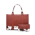 Western style cow print tote and clutch bag set with brown leather and woven trim - Large Brown + Clutch (Cow Print)