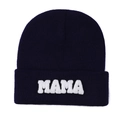 Detail of navy blue beanie featuring white MAMA towel embroidery on the fold cuff - Navy Blue